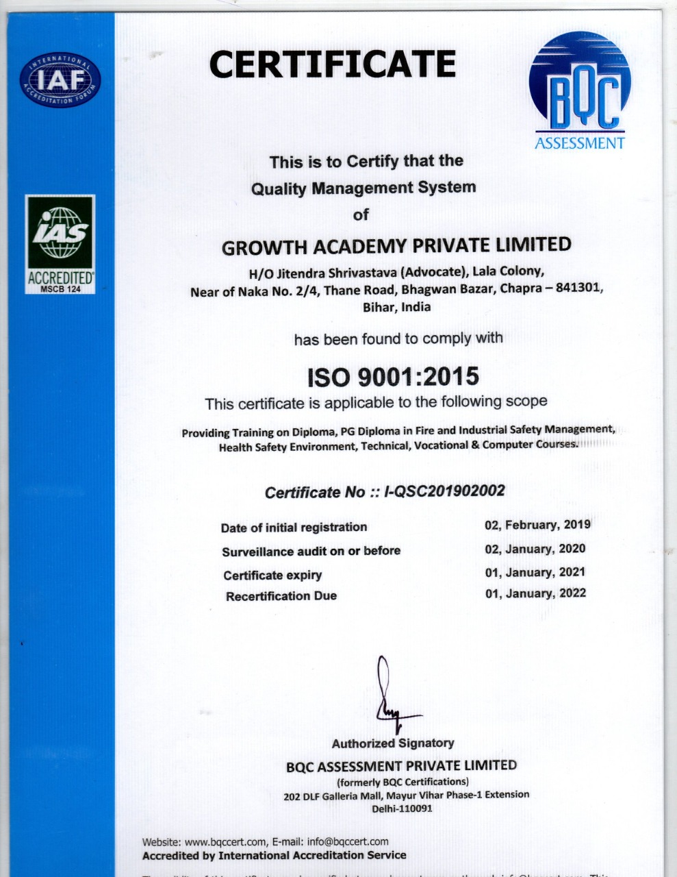 Registration Certificate of Growth Academy